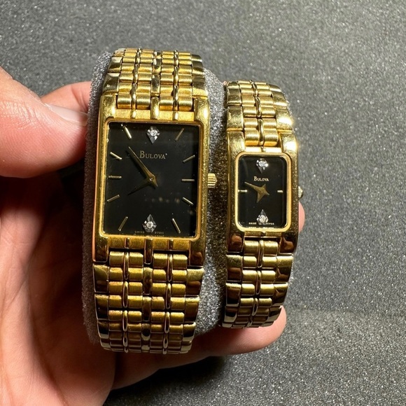 Bulova T4 Quartz Tank Watches His And Hers Gold Tone Black Dial Diamond Accents - Picture 2 of 8